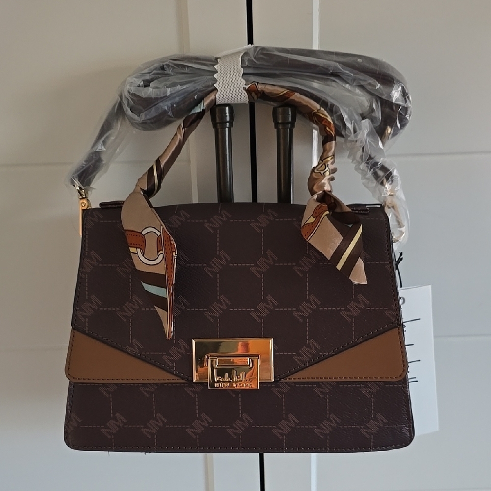 Nicole Miller Handbag, Brown Logo Print W/Scarf Wrapped Handle